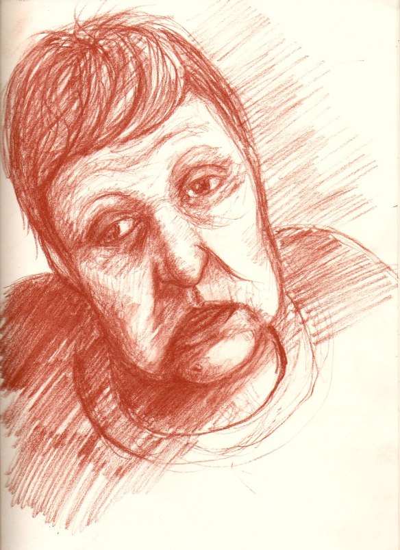 Portrait from memory: mother, sanguine Conte crayon on cream paper